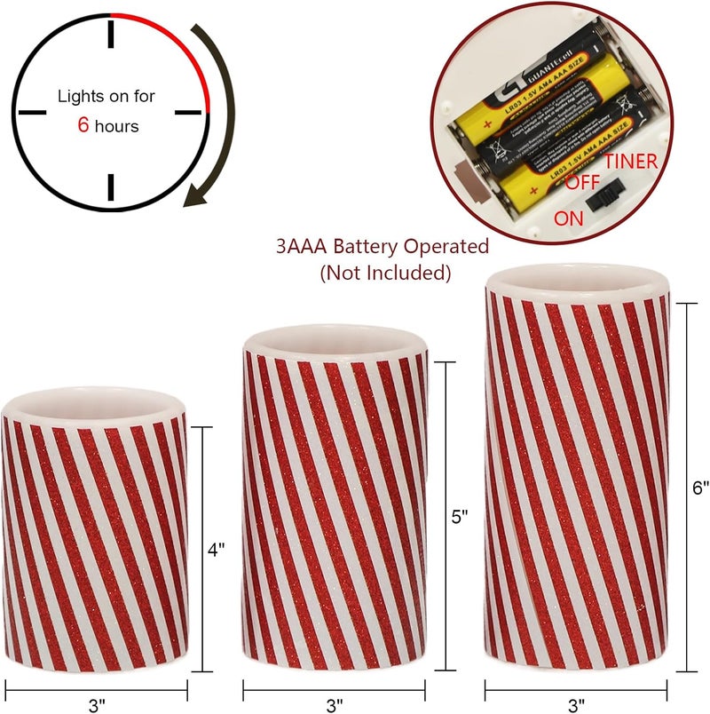 DRomance Christmas Flameless Candles Battery Operated with 6 Hour Timer, Real Wax Flickering LED Pillar Candles Candy Cane Decals Dinner Party Holiday Indoor Table Decor(3 Pack, 3" D x 4", 5", 6" H) - Image 2